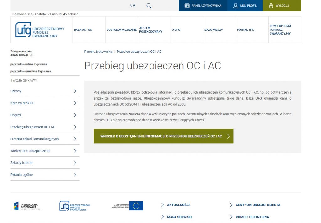 UFG - screen strony o przebiegu ubezpieczenia OC i AC